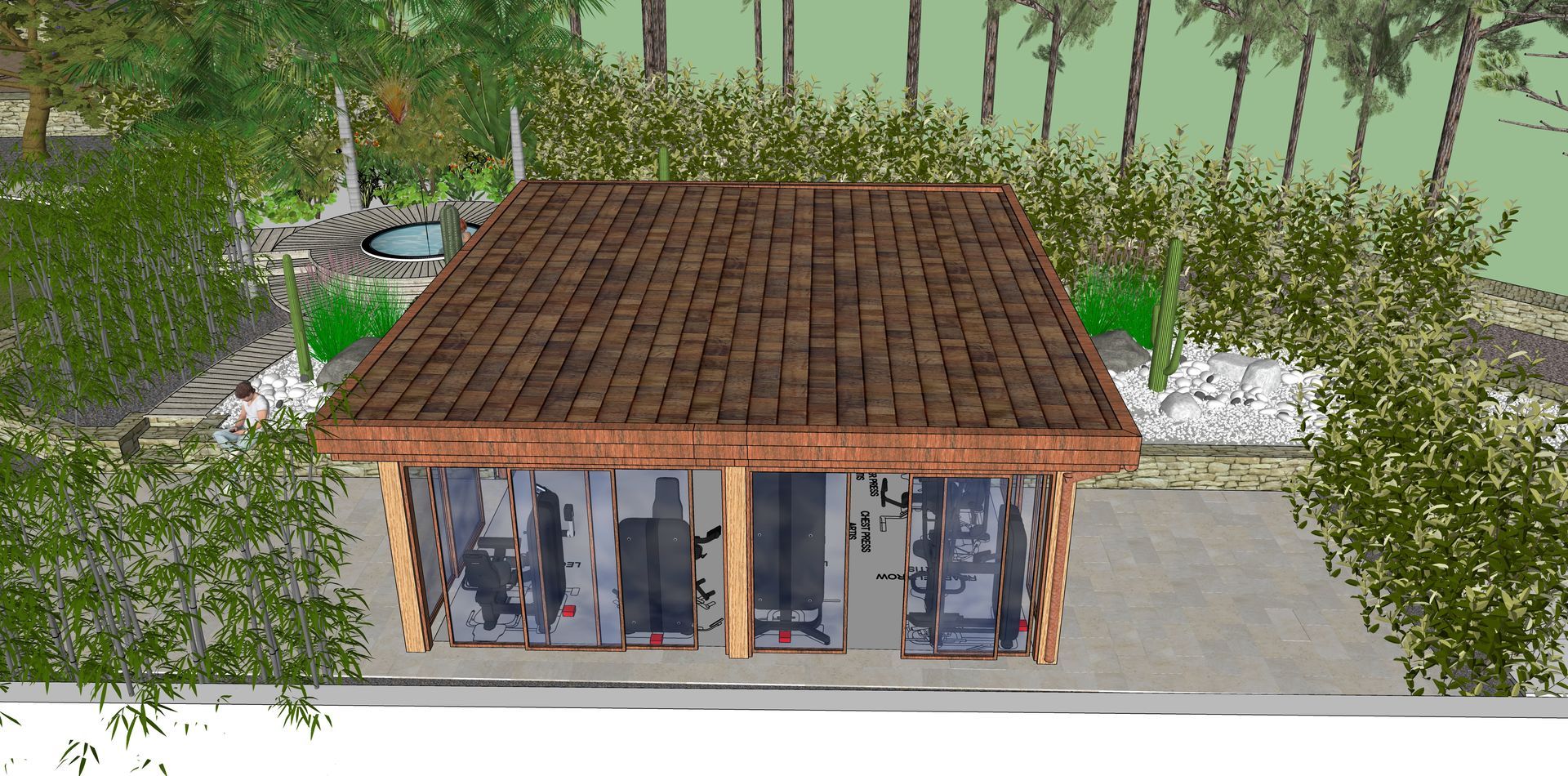 Un gimnasio con paredes de cristal y techo de tejas, rodeado de árboles y jardines.