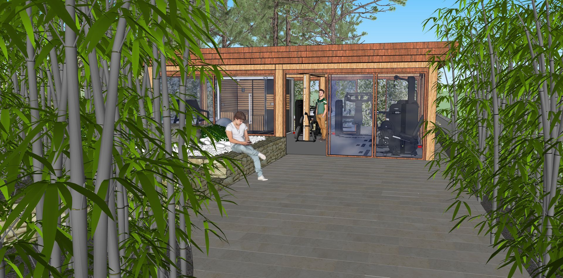 Un hombre se sienta afuera de un edificio revestido de bambú con paredes de vidrio