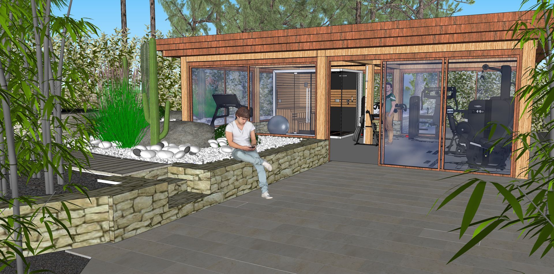 Una persona se sienta en un muro de piedra con vistas a un jardín zen con un edificio con paredes de cristal