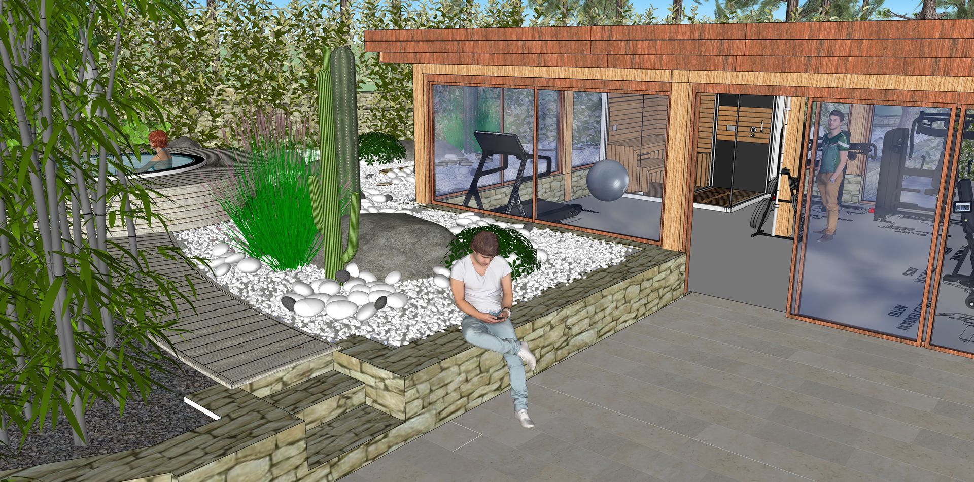 Una persona se sienta en un muro de piedra con vistas a un jardín con equipos de ejercicio dentro