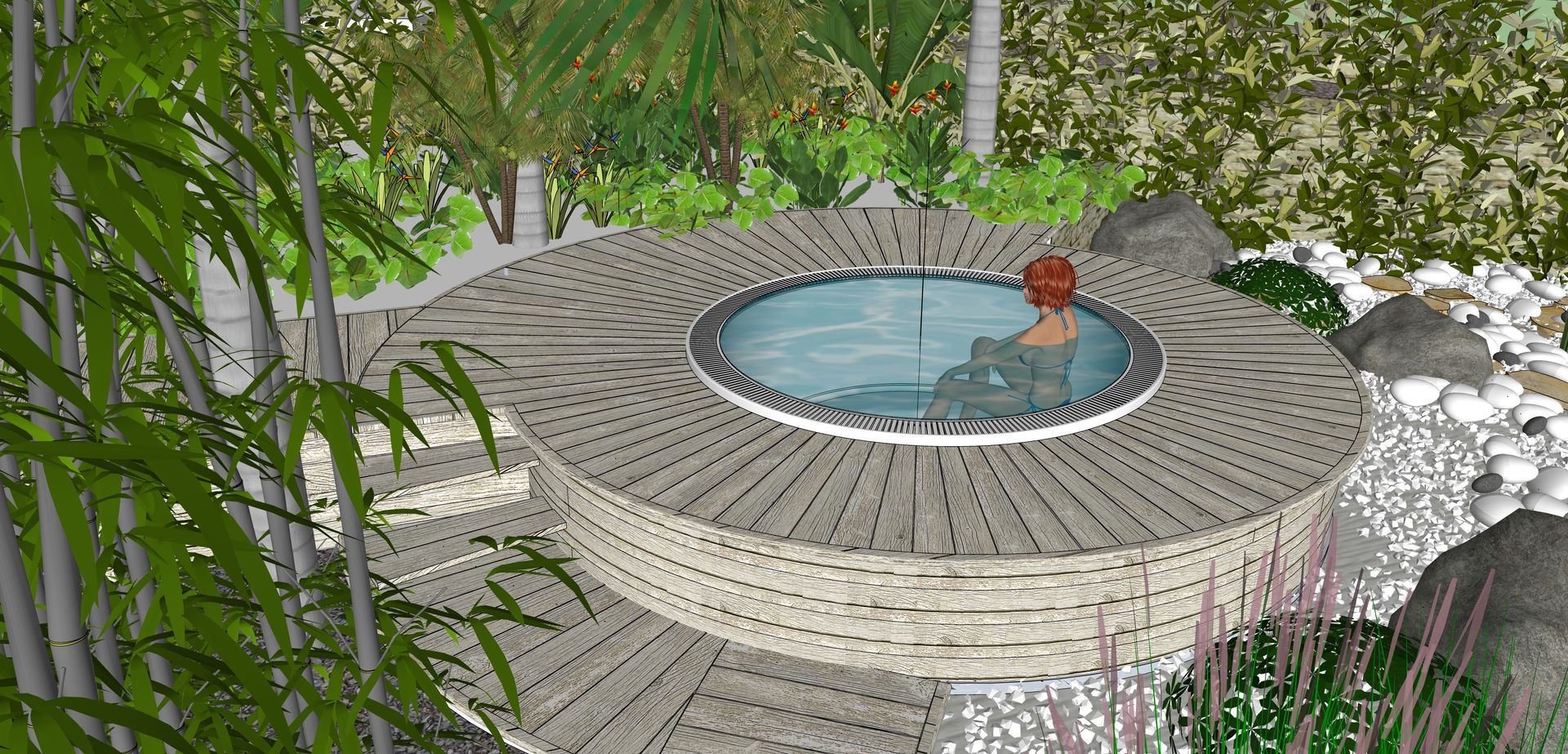 Una persona se relaja en un jacuzzi rodeado de exuberante vegetación, piedras y bambú.