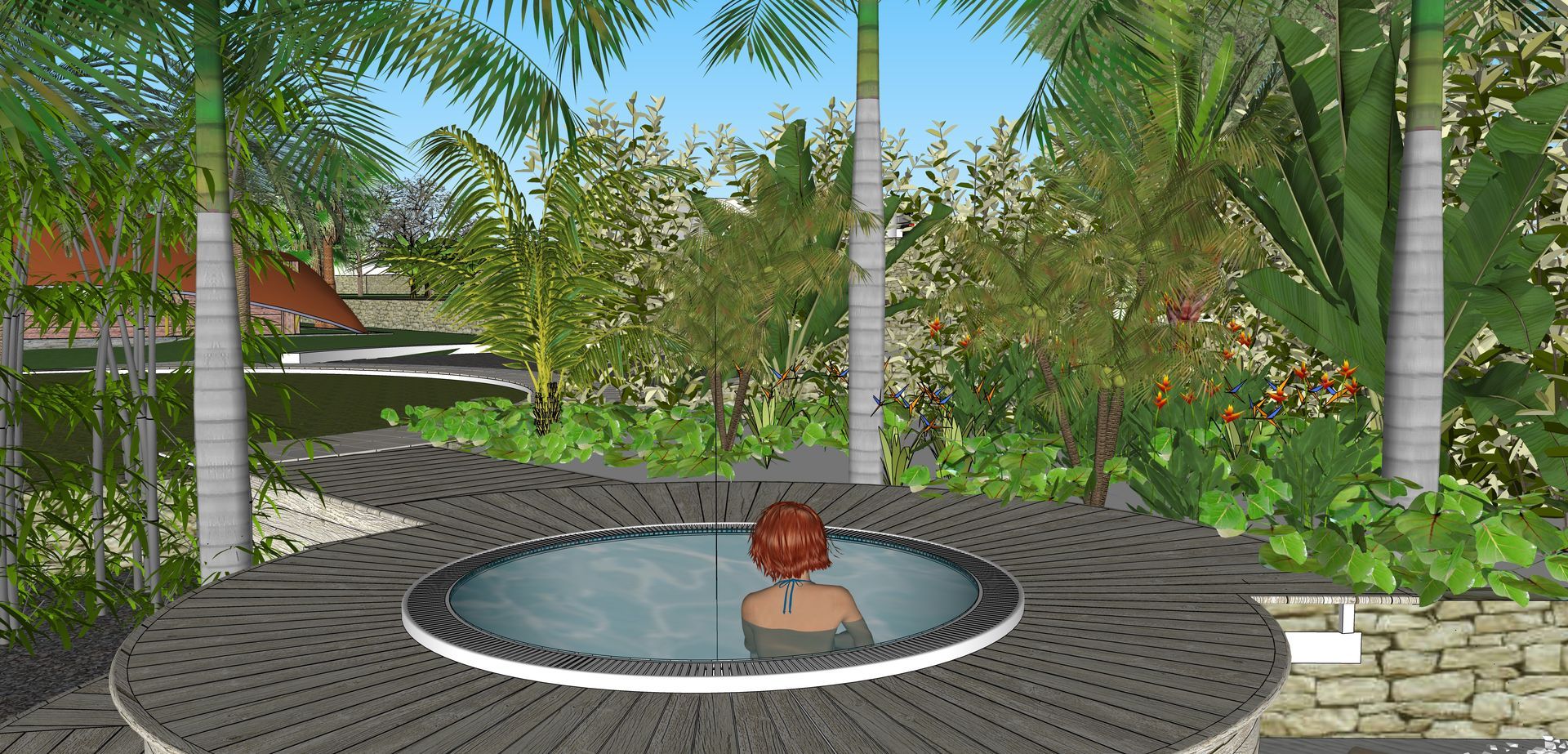Una persona se relaja en una piscina circular rodeada de vegetación y palmeras.