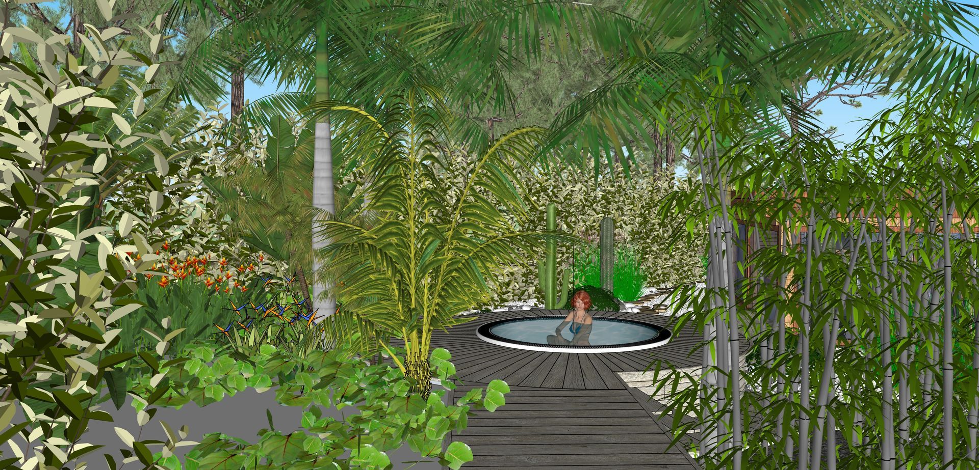 Una mujer se relaja en un jacuzzi al aire libre rodeada de exuberantes plantas verdes y bambú.