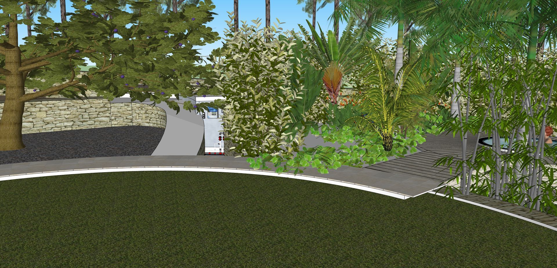 Paisaje con árboles, arbustos, pasarela y cubierta vegetal oscura, con césped verde en primer plano.