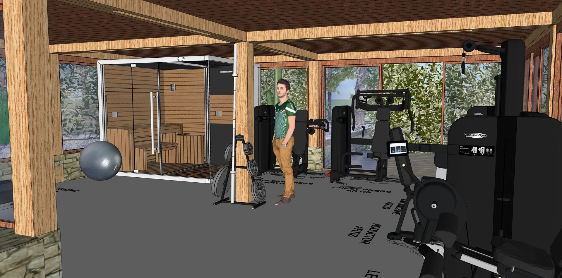 Un hombre se encuentra en un gimnasio rústico al aire libre. Hay máquinas de ejercicio y vigas de madera.