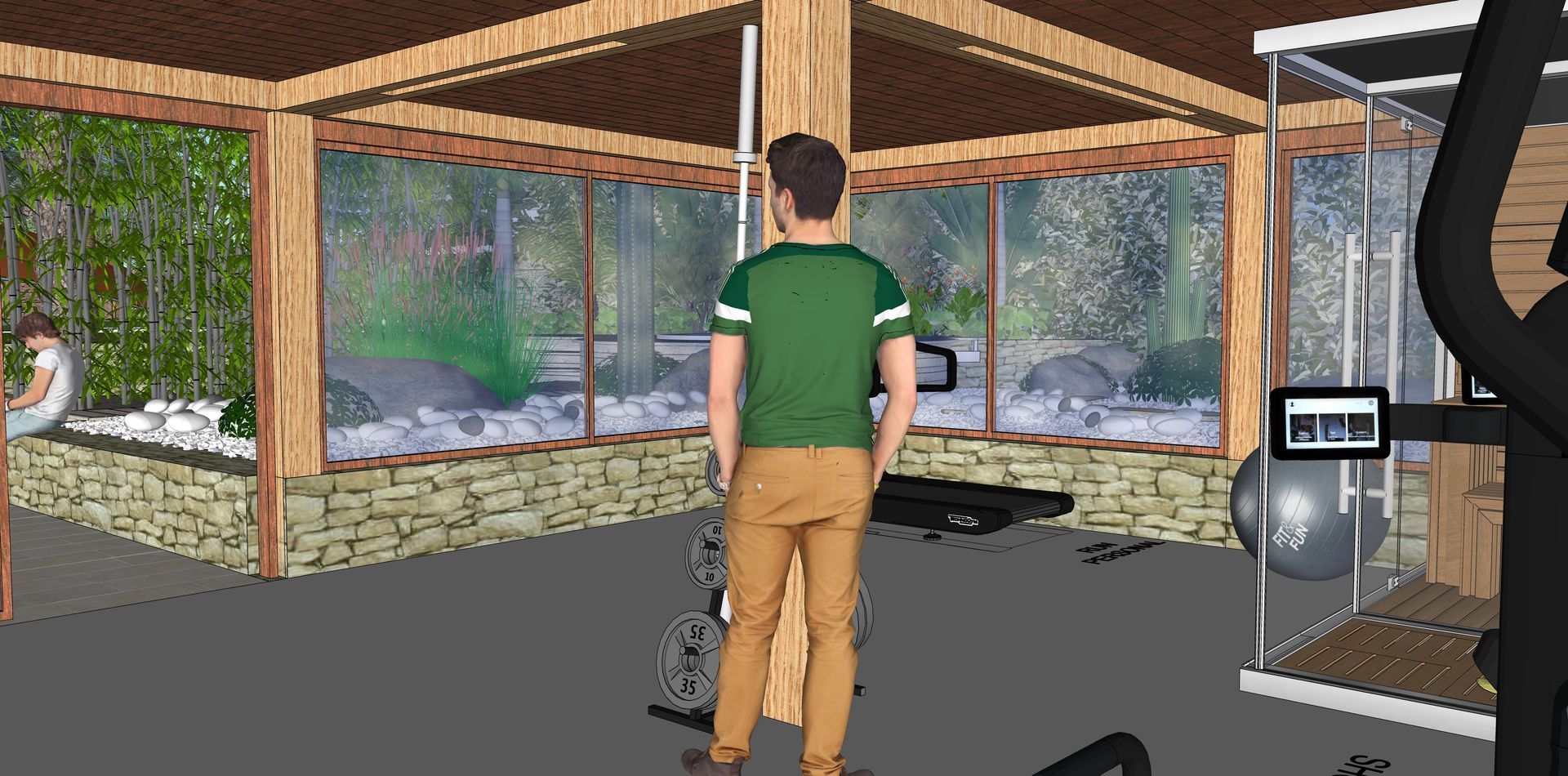 Una persona de pie en un gimnasio con aparatos de ejercicio. Está de espaldas a la cámara.