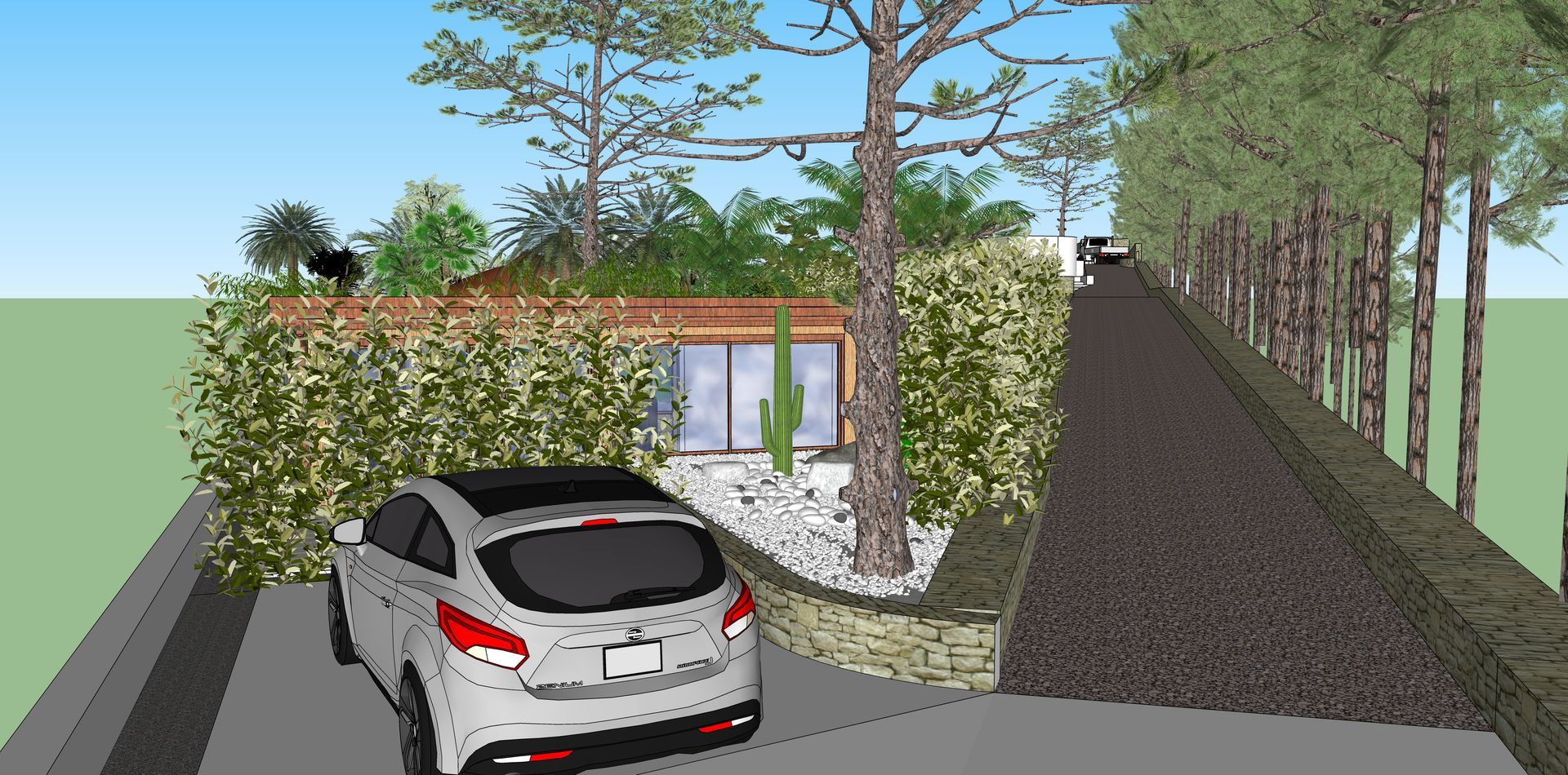 Un coche blanco aparcado frente a una casa. La casa está rodeada de vegetación y tiene un camino de entrada cuesta arriba.