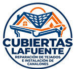 Logo de Cubiertas Lafuente, reparaci&oacute;n de tejados e instalaci&oacute;n de canalones, en azul y naranja.