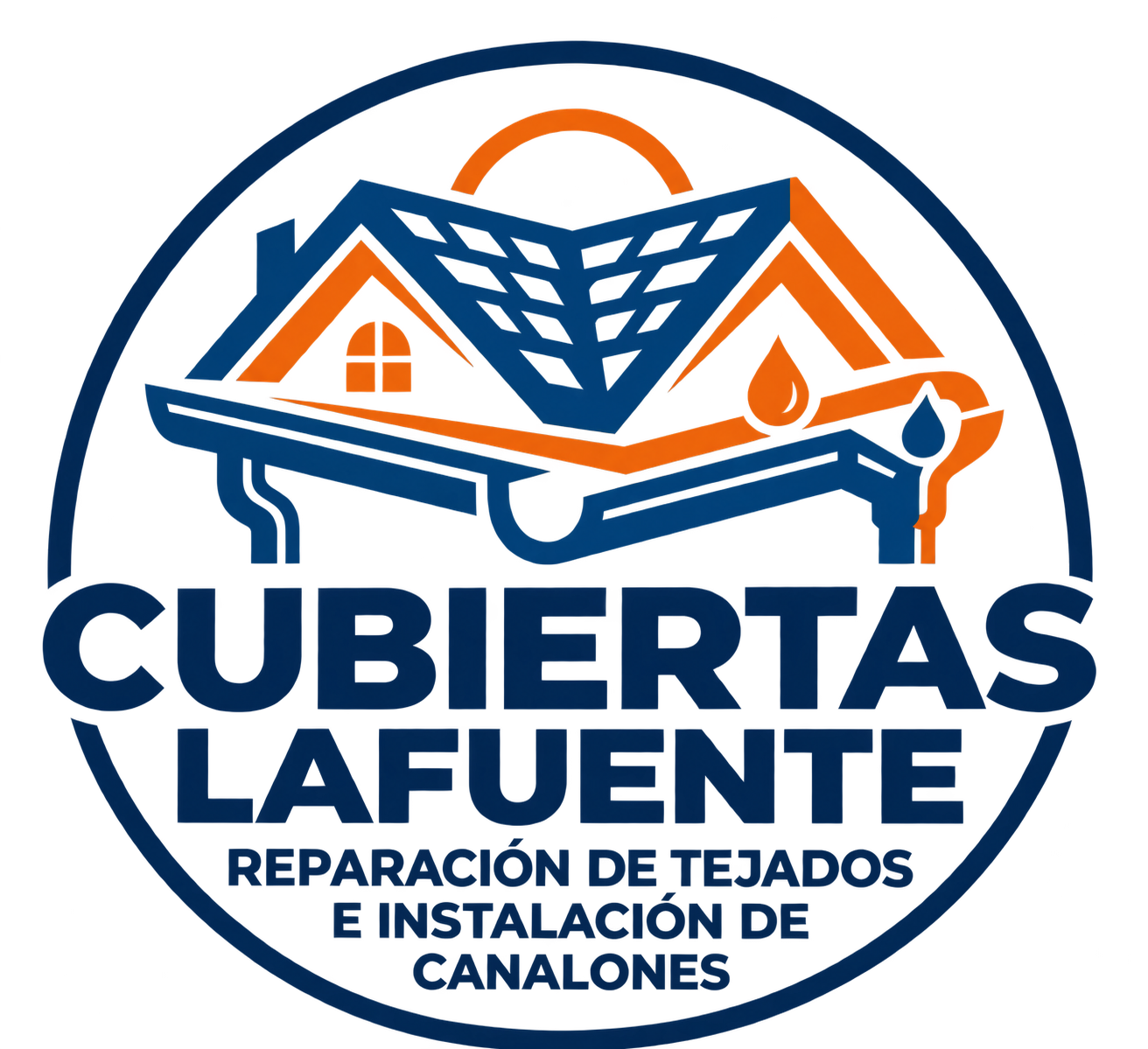 Logo de Cubiertas Lafuente, reparación de tejados e instalación de canalones, en azul y naranja.