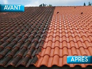 Avant et après les travaux en nettoyage de toiture avec partie gauche du toit sombre et partie droite du toit claire