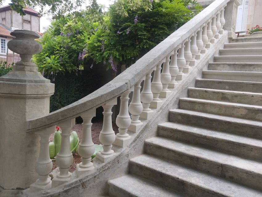 Escalier en pierre incurvé avec balustrade ornée, bordé d'une végétation luxuriante.
