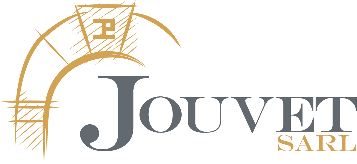 Logo de Jouvet SARL avec typographie grise et or et emblème en forme d'arche dorée