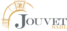 Logo de Jouvet SARL avec typographie grise et or et emblème en forme d'arche dorée