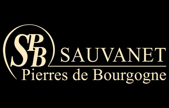 Logo Sauvannet Pierres de Bourgogne sur fond noir avec monogramme SB et texte dorés