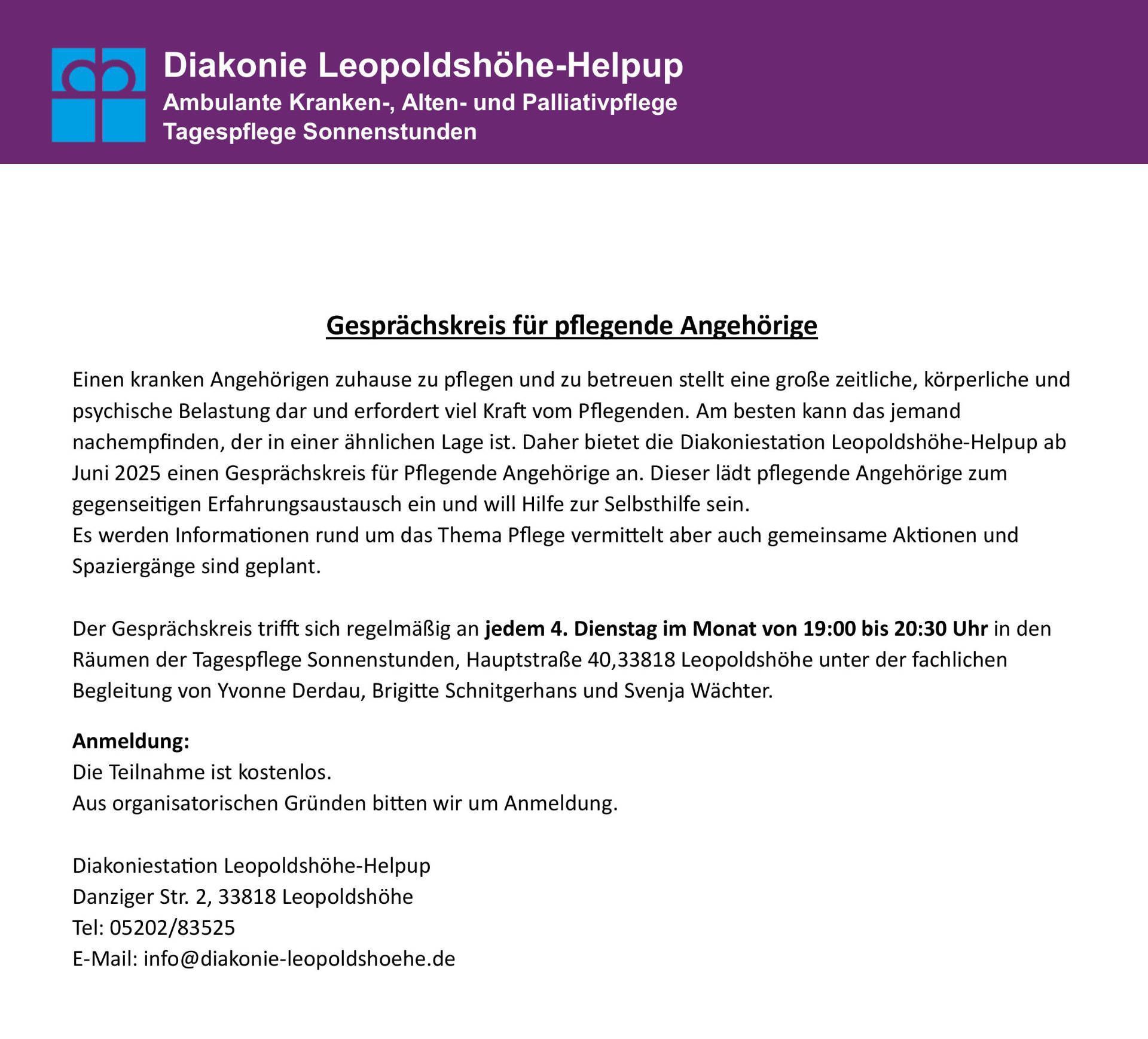 Anzeige Gesprächskreis | Diakoniestation Leopoldshöhe-Helpup