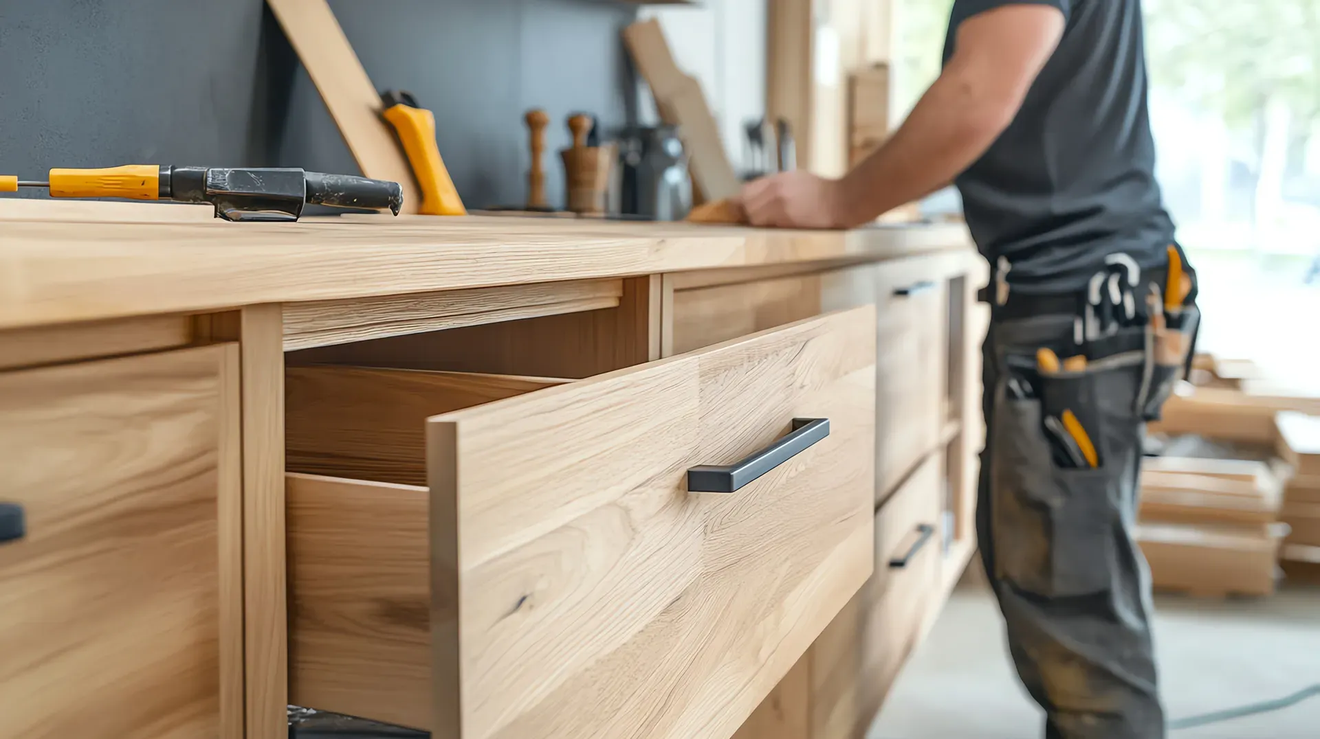 In einem Studio-Ambiente ist ein orangefarbener Stoff neben unbehandelten Holzstühlen und einem gepolsterten Sofa drapiert.