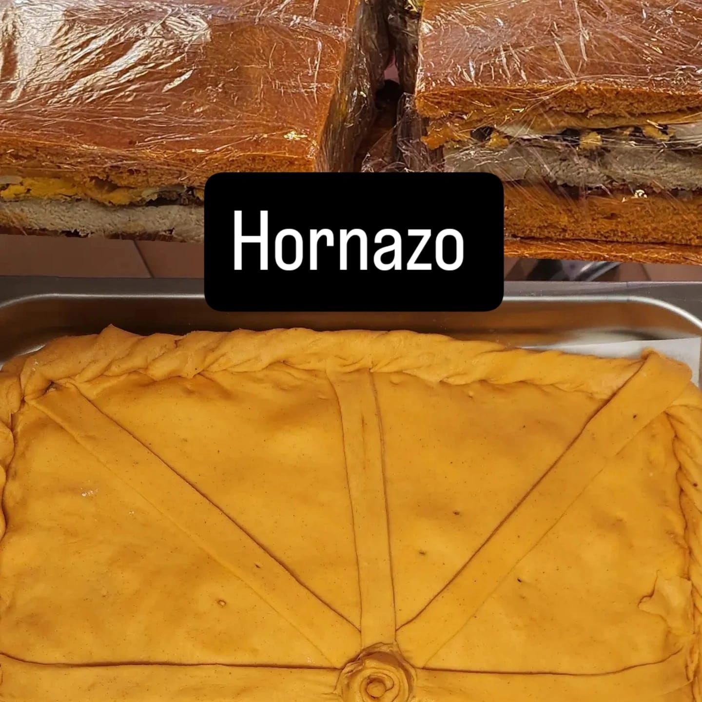 La palabra hornazo que está en un trozo de comida