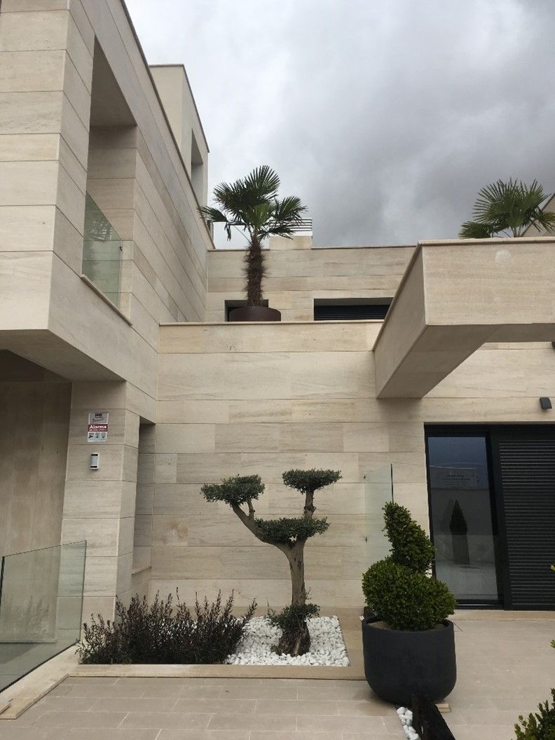 Edificio moderno de piedra beige con niveles escalonados. Palmera y topiarios frente a él bajo un cielo nublado.