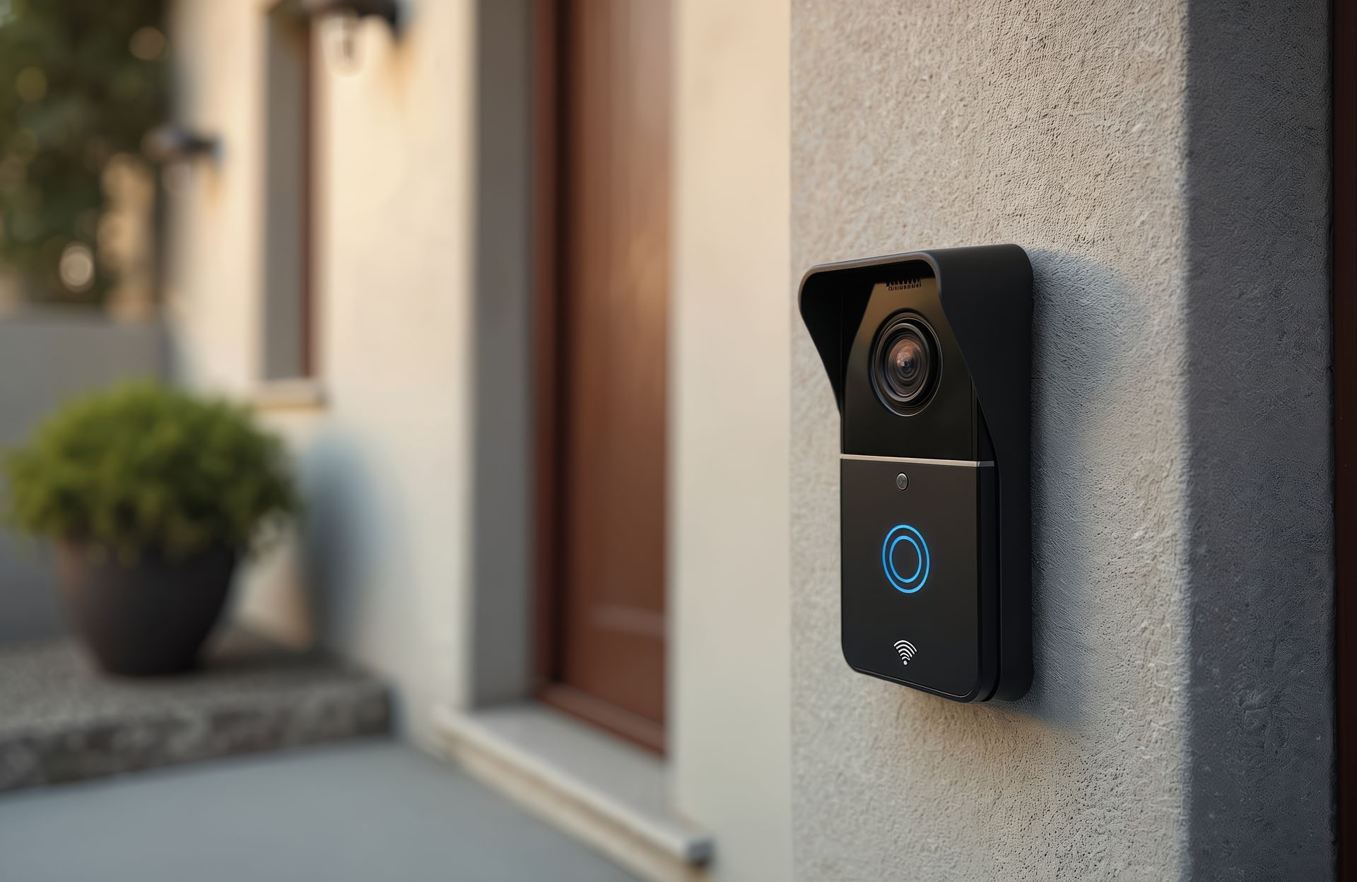 Sonnette vidéo noire fixée sur un mur extérieur gris clair, près d'une porte marron et d'une plante en pot.