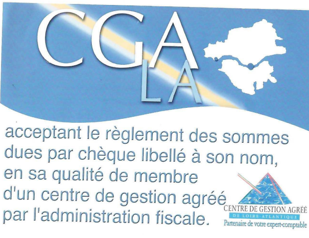 Logo CGA LA avec un texte : acceptant le règlement des sommes dues par chèque libellé à son nom, en sa qualité de membre d'un centre agréé par l'administration fiscale.