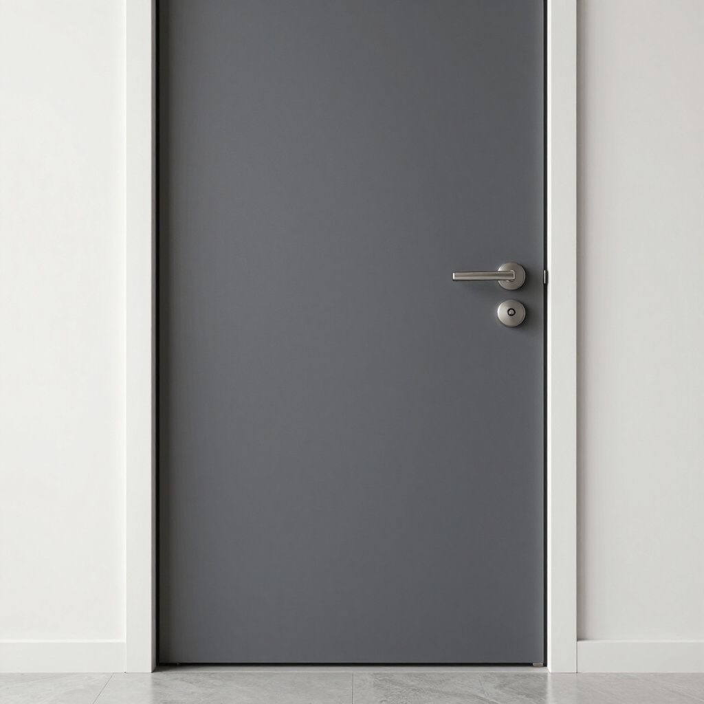 Puerta gris con tirador plateado en marco blanco barnizada.