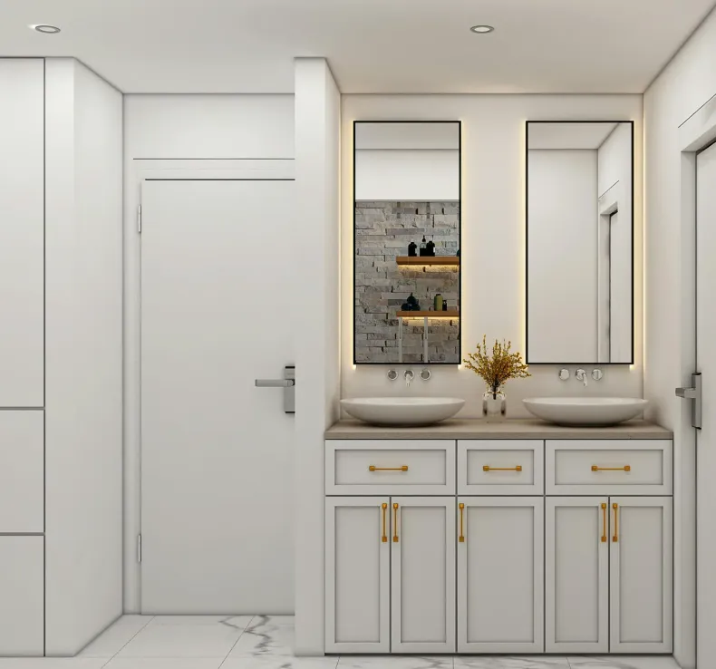 Baño recién pintado en León con acabado blanco y muebles lacados