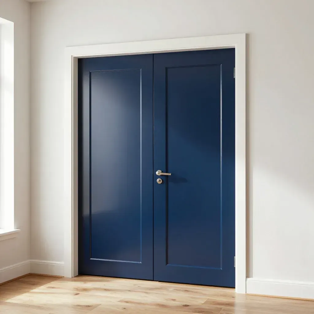 Puertas dobles azules con detalles blancos, ubicadas en una habitación con ventana y piso de madera.