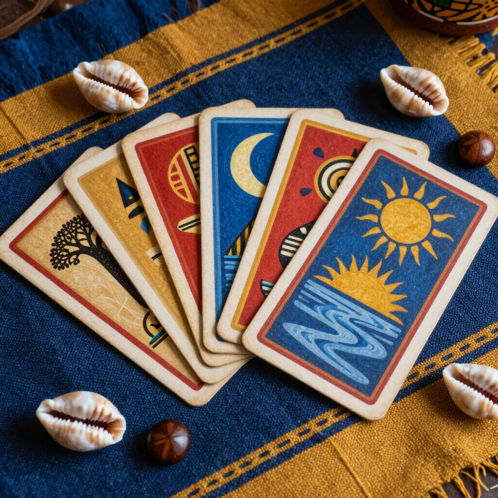 Cartas del tarot desplegadas sobre un paño azul con ribetes dorados, rodeadas de conchas marinas