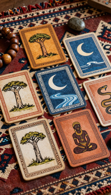 Cartas del tarot con diseños de árboles y lunas dispuestas sobre una alfombra estampada