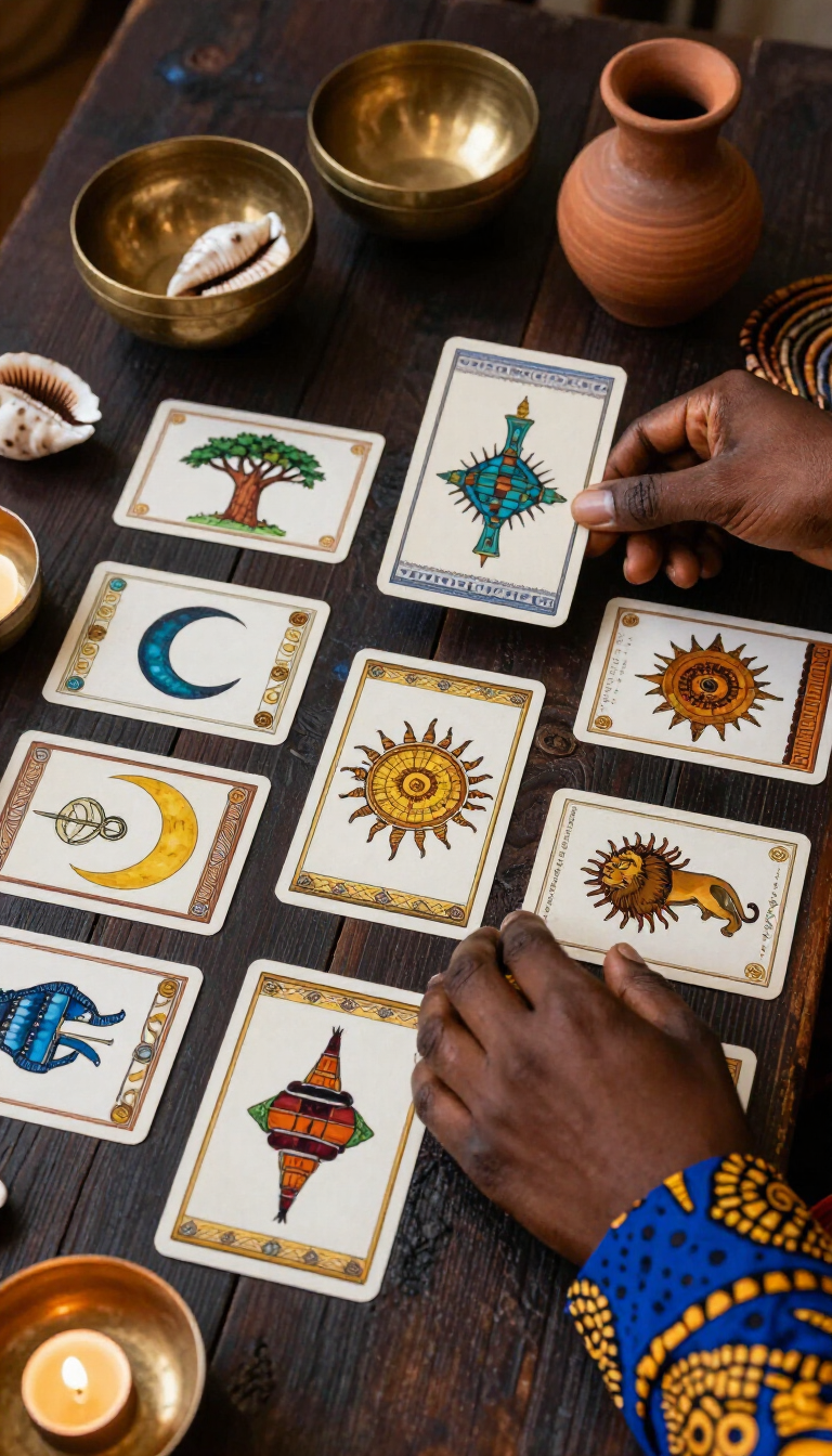 Cartas del tarot dispuestas sobre una mesa mientras unas manos las ordenan, rodeadas de velas y objetos rituales