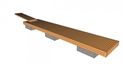 3D-renderöinti pitkästä puisesta pitkospuusillasta, jossa on harmaat tukipilarit valkoisella taustalla