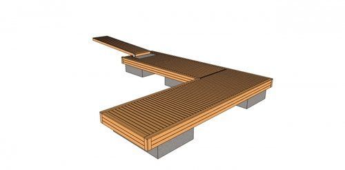 3D-renderöinti kaarevasta puupenkistä, jossa on metallituet valkoisella taustalla