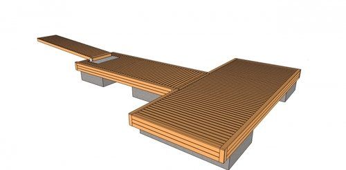3D-renderöinti puulankusta valmistetusta kävelytiestä, jossa on kapea silta ja korotettu laiturirakenne