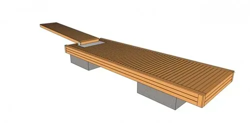 Pitkän puisen jalankulkusillan 3D-kuva kaiteineen ja betonitukineen