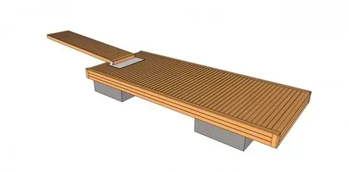 3D-renderöinti puisesta sillasta tai pitkospuupolusta, jossa on kapea sivulaajennus ja harmaat tuet