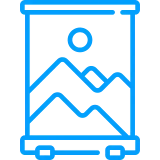 Icono azul de un dispositivo móvil que muestra una escena de paisaje de montañas y un sol.
