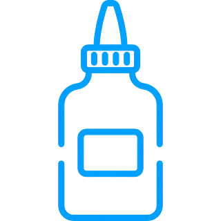 Contorno azul de una botella de pegamento con una boquilla larga y una etiqueta en el centro.