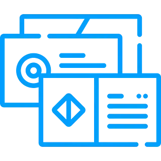 Icono azul de documentos apilados con varios elementos de diseño, que representan archivos o presentaciones.