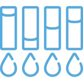 Cuatro rectángulos azules, cada uno con un nivel de llenado diferente, sobre cuatro gotas de agua azules.