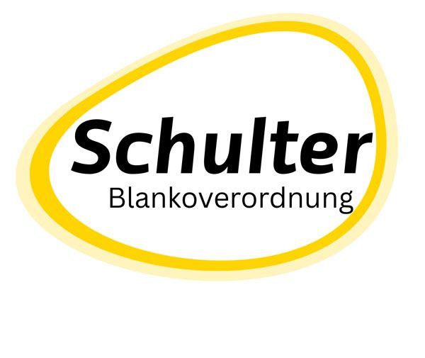 Schulter Blankoverordnung-Logo in schwarzer Schrift mit gelber ovaler Umrandung auf weißem Hintergrund
