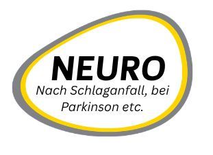 Logo mit der Aufschrift „NEURO“ und dem deutschen Text „Nach Schlaganfall, bei Parkinson etc.“ innerhalb eines grau-gelben Ovals