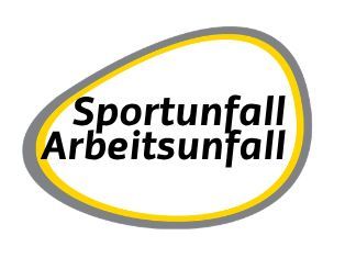 Logo mit schwarzem Schriftzug „Sportunfall Arbeitsunfall“ innerhalb einer gelb-grauen ovalen Umrandung
