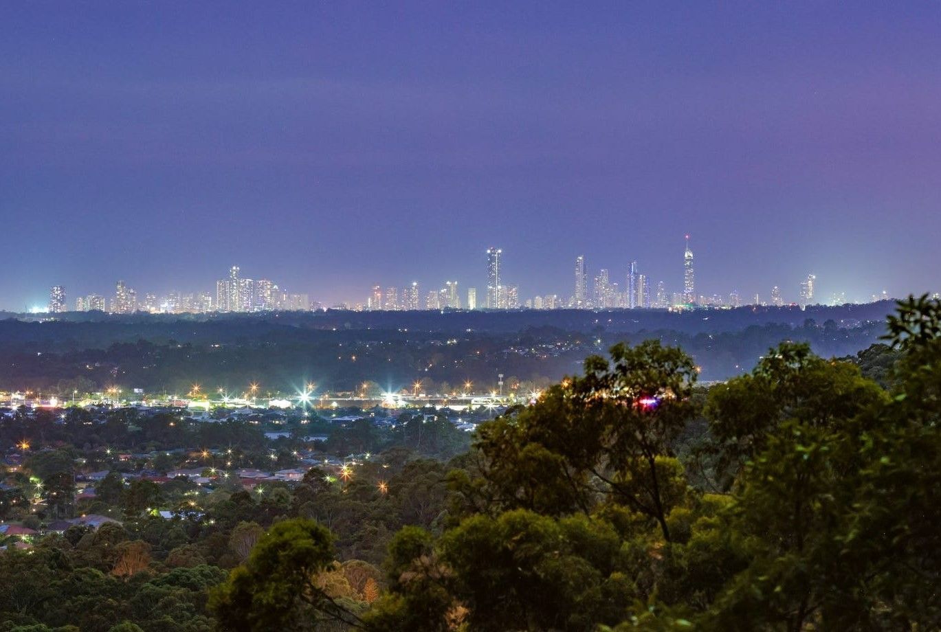 A view of a city at night from a hill with trees in the foreground.