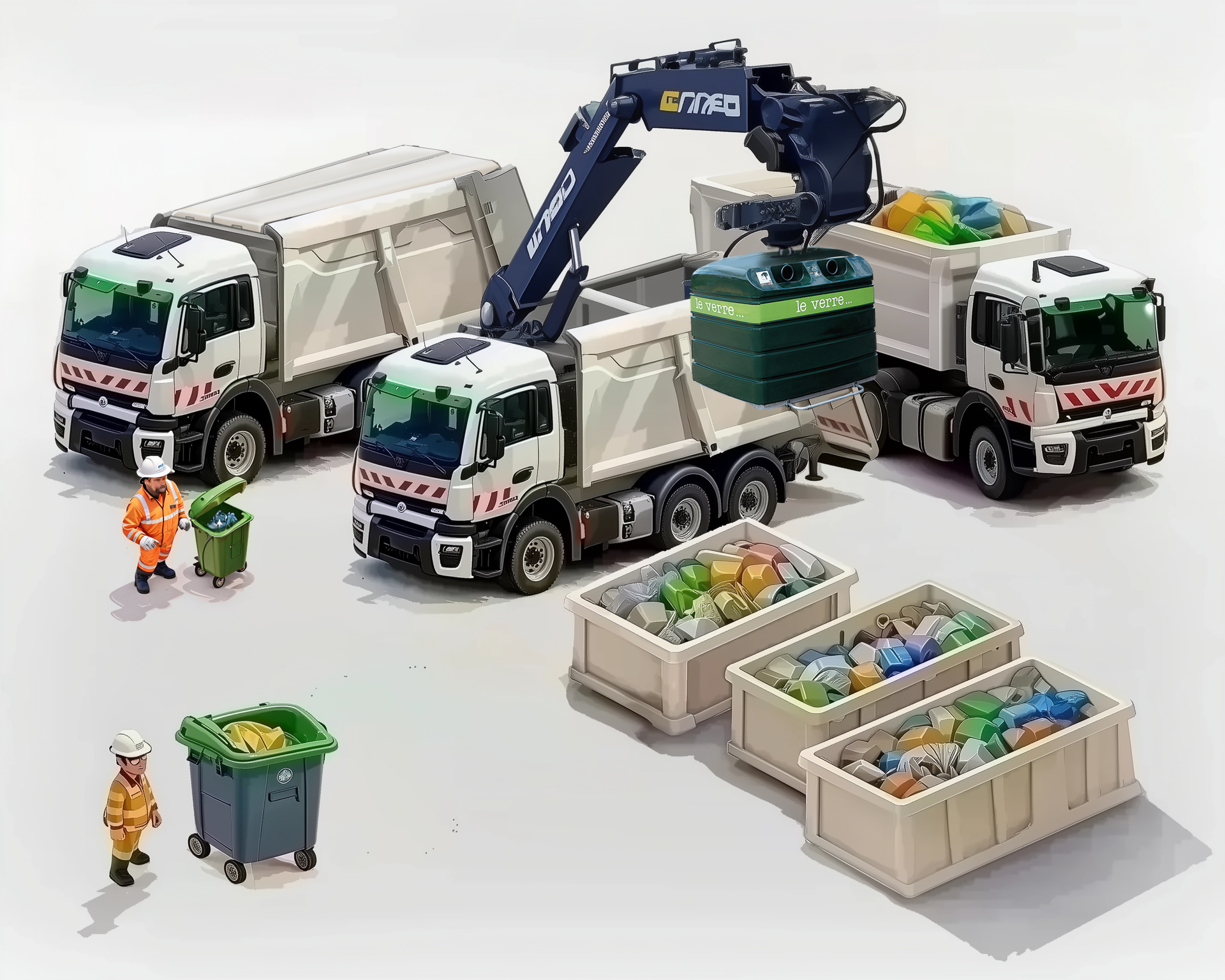 Différents camions bennes illustrés en action dans la gestion de déchets ménagers et recyclables