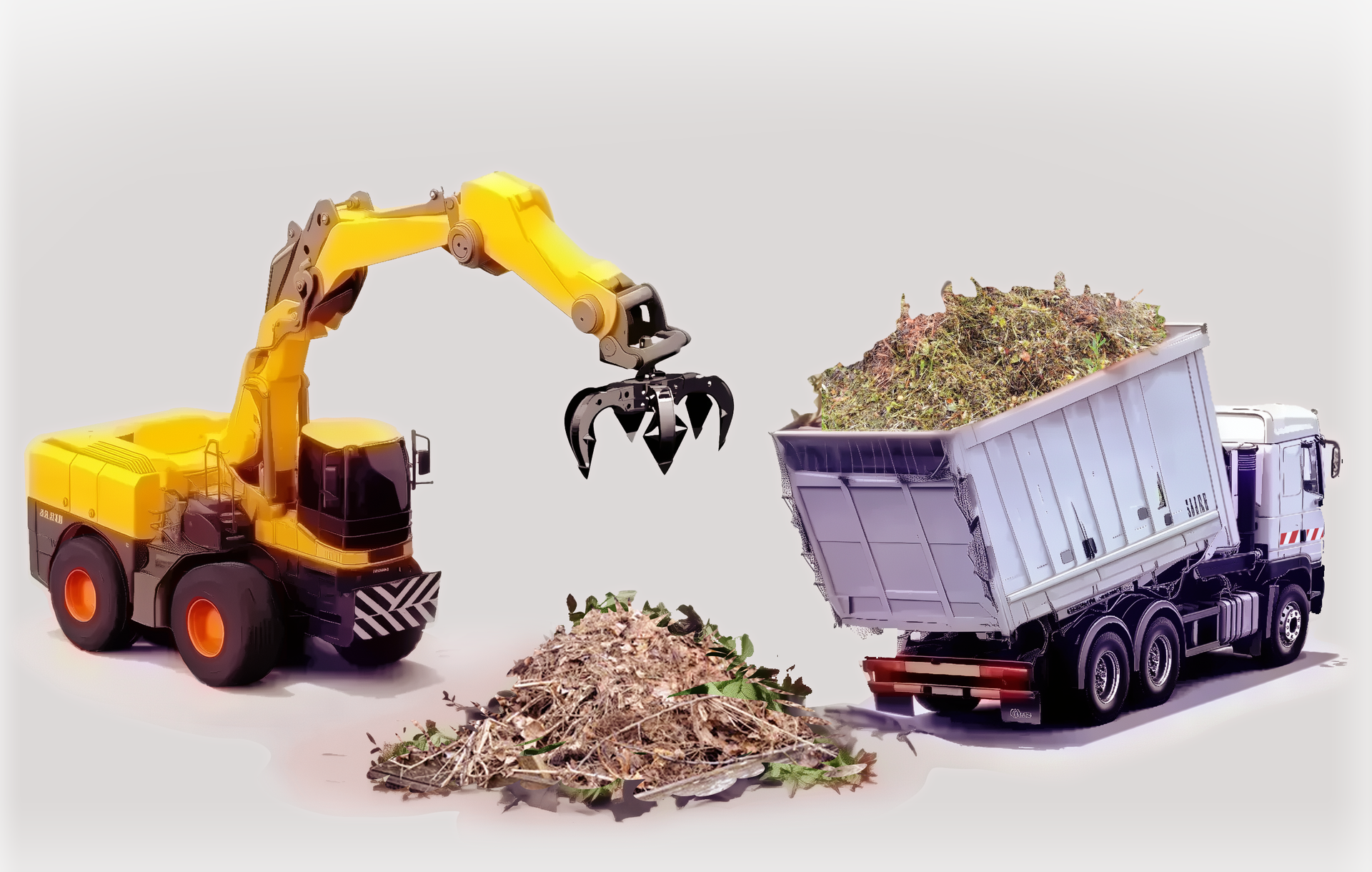 illustration d'un engin avec un grapin déplaçant des déchets dans une benne à ordure