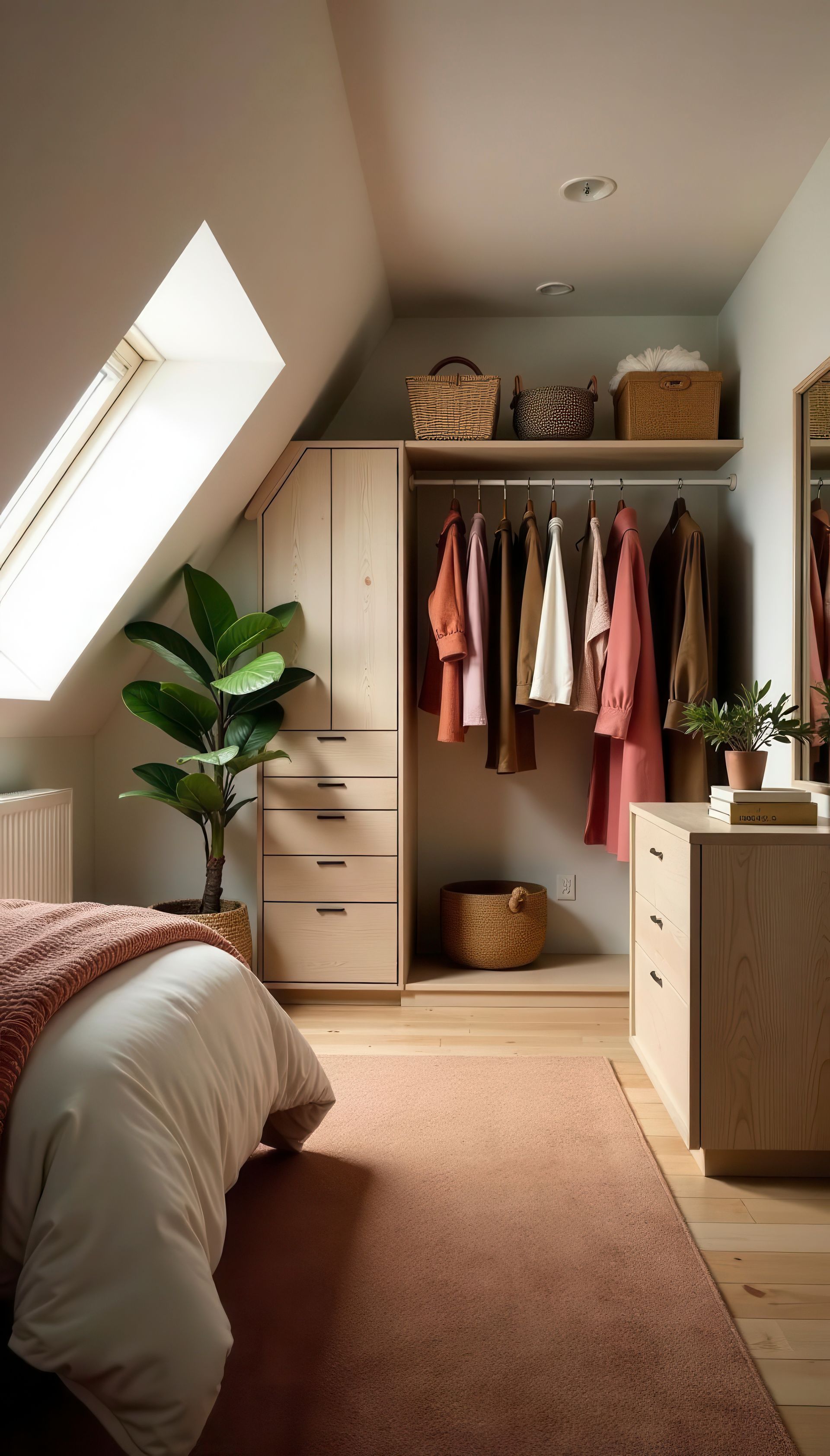 Chambre avec plafond en pente, placard intégré et tapis rose.