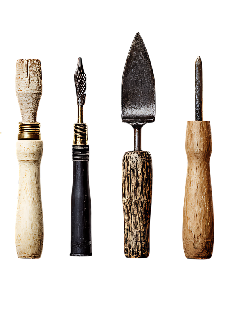 Quatre outils à main anciens, avec des manches en bois et en métal.