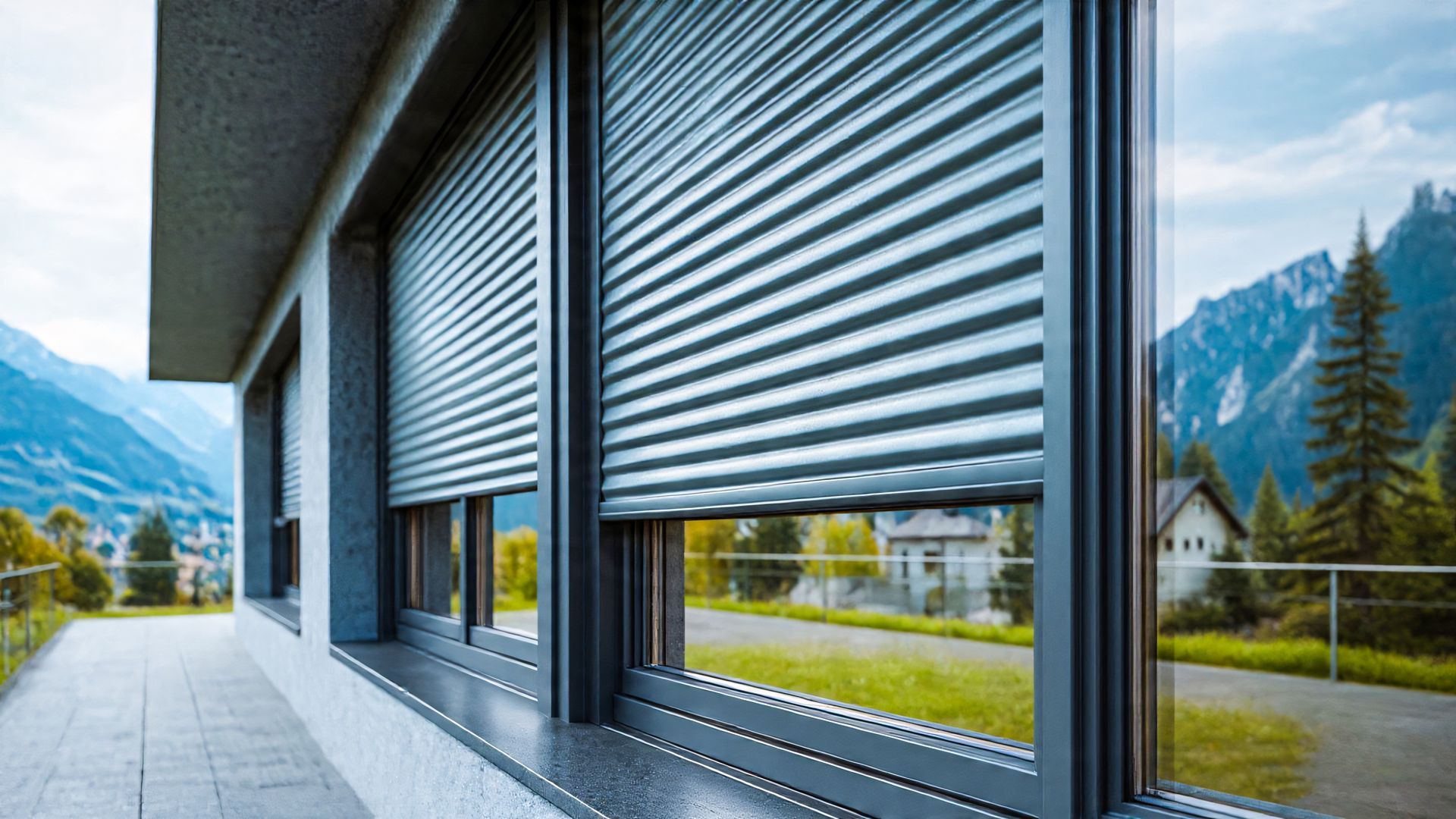 Vue extérieure d'un bâtiment aux volets roulants gris fermés.