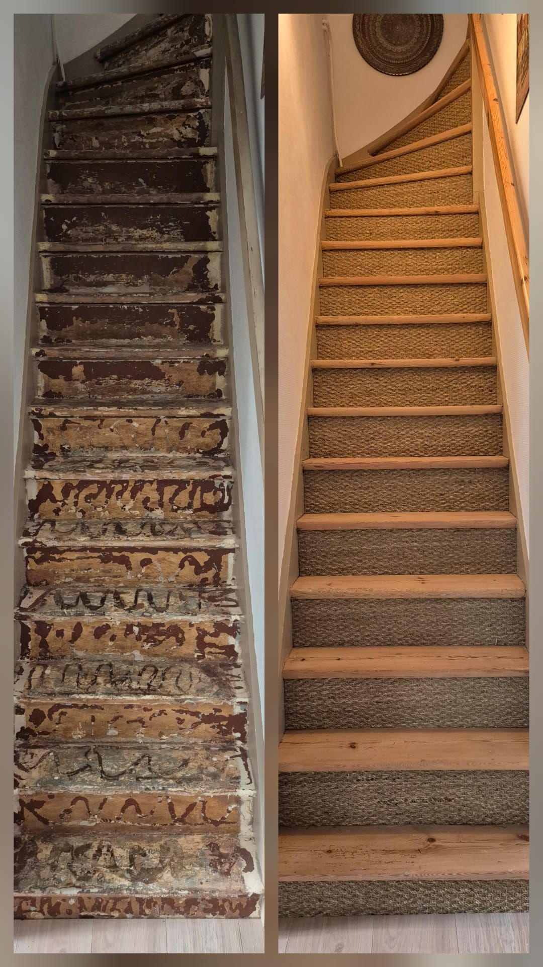 Escalier en bois avec marches brun clair et parquet foncé.