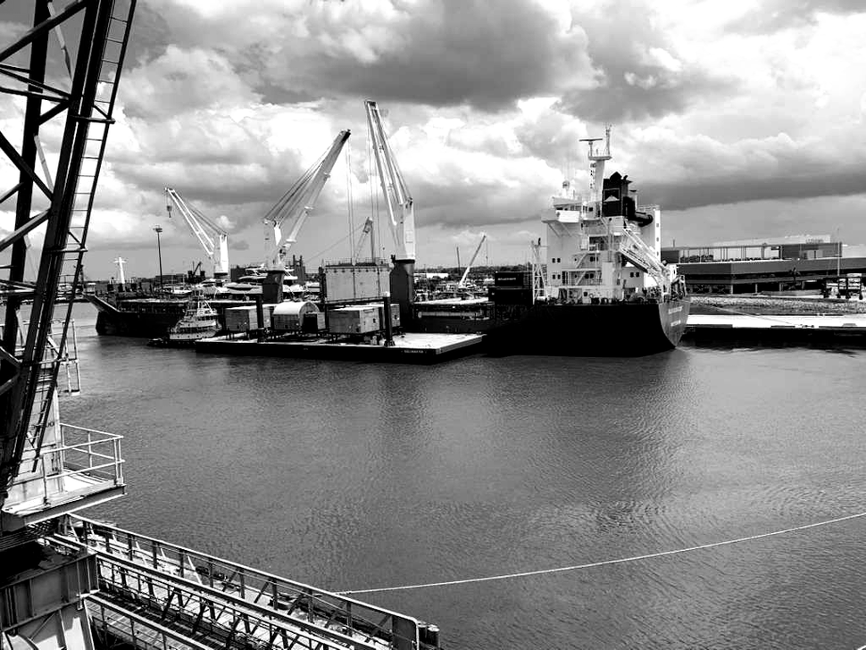Large cargo ships docked in a harbor, cranes loading containers, under a cloudy sky.